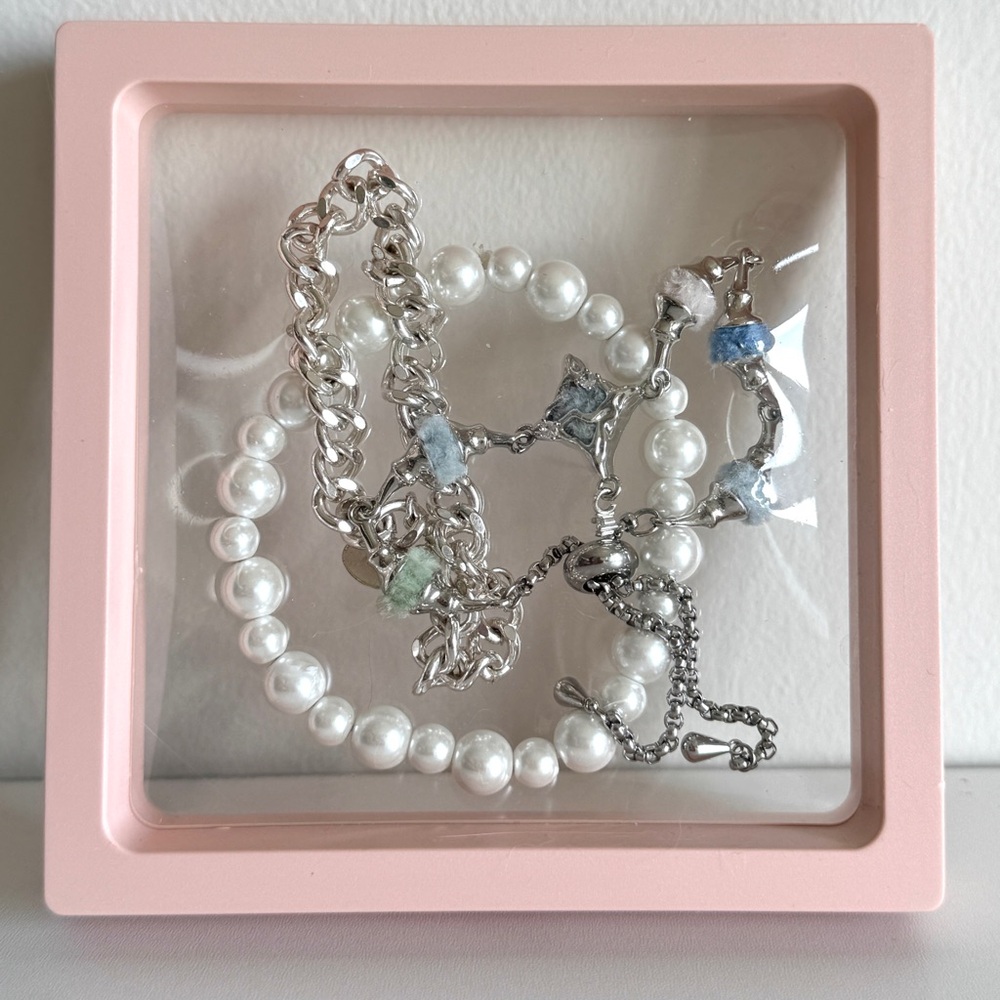 Zircon, Silver-tone, and Pearl Bracelet Set
